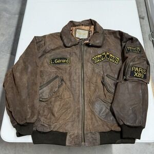 Vintage Distressed Leather Moto Tour Flight Jacket Paris X89 Brown Bomber M